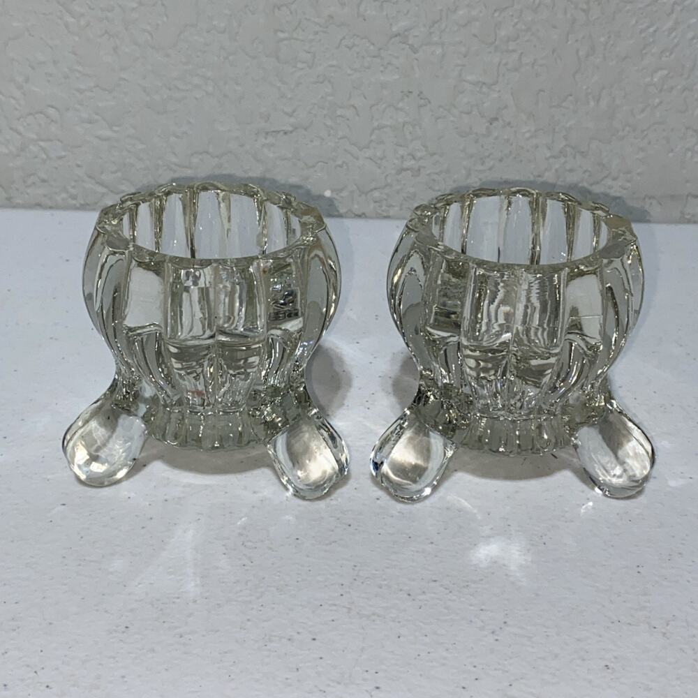 VTG Jeannette National 3 Legged Crystal Glass Footed Votive Candle Holders Set 2